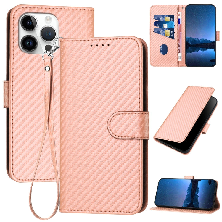 YX0070 Carbon Fiber Buckle Leather Phone Case with Lanyard, For iPhone 15 Pro Max, For iPhone 15 Pro, For iPhone 15 Plus