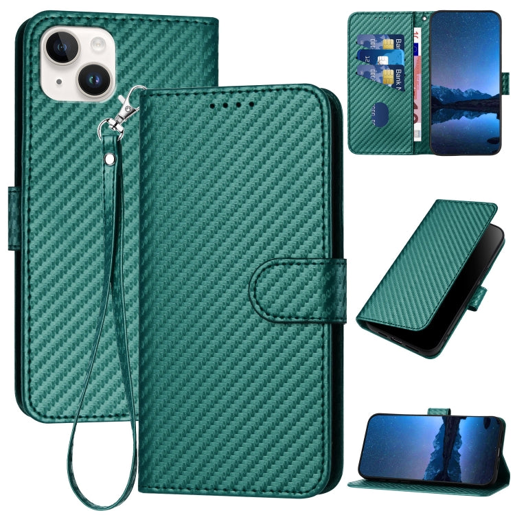 YX0070 Carbon Fiber Buckle Leather Phone Case with Lanyard, For iPhone 15 Pro Max, For iPhone 15 Pro, For iPhone 15 Plus