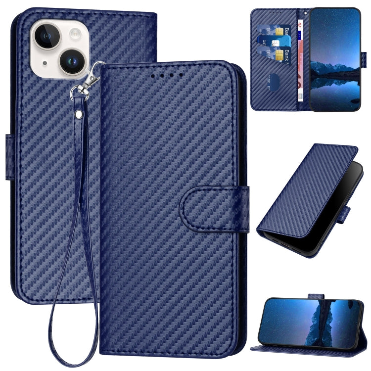 YX0070 Carbon Fiber Buckle Leather Phone Case with Lanyard, For iPhone 15, For iPhone 14 Plus, For iPhone 14