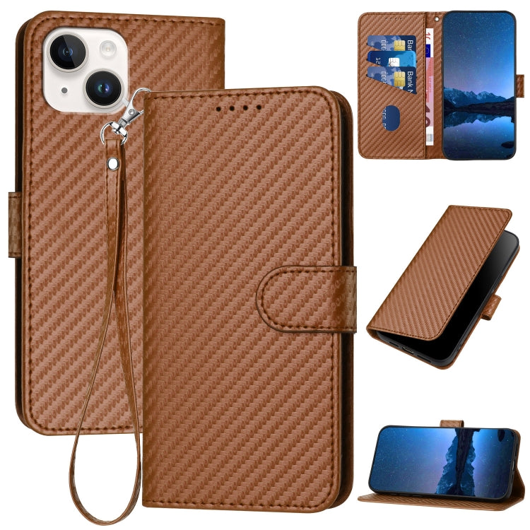 YX0070 Carbon Fiber Buckle Leather Phone Case with Lanyard, For iPhone 15, For iPhone 14 Plus, For iPhone 14