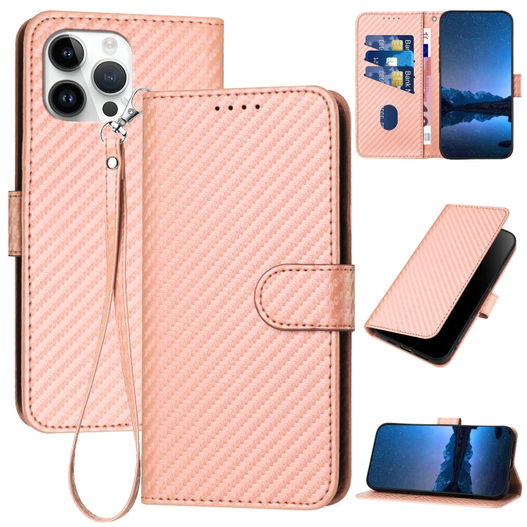 YX0070 Carbon Fiber Buckle Leather Phone Case with Lanyard, For iPhone 14 Pro, For iPhone 14 Pro Max, For iPhone SE 2022 / SE 2020 / 8 / 7