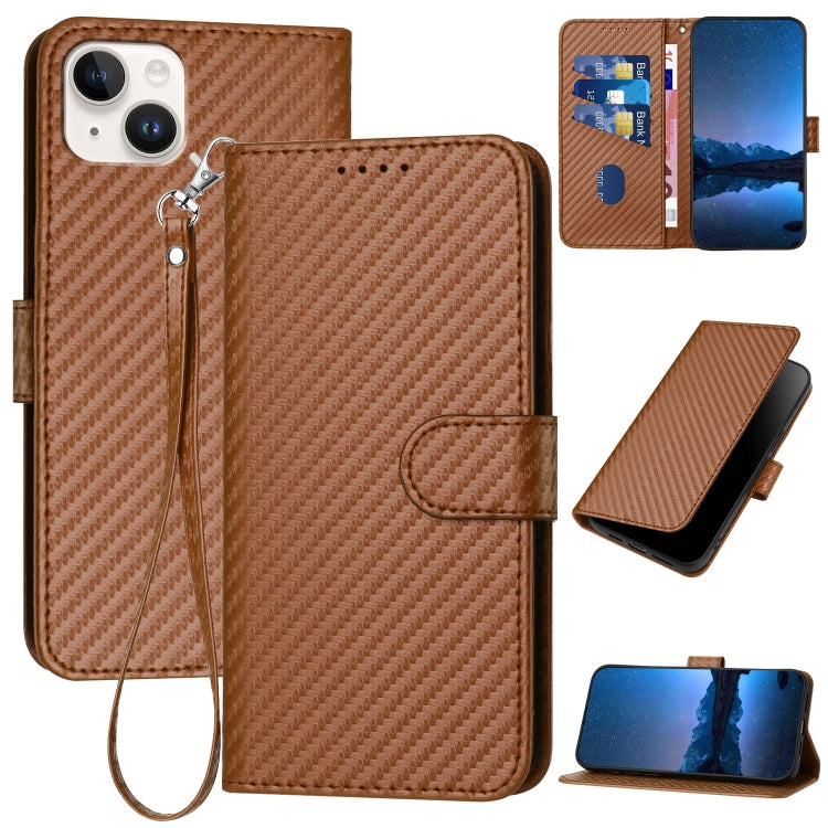 YX0070 Carbon Fiber Buckle Leather Phone Case with Lanyard, For iPhone 15, For iPhone 14 Plus, For iPhone 14