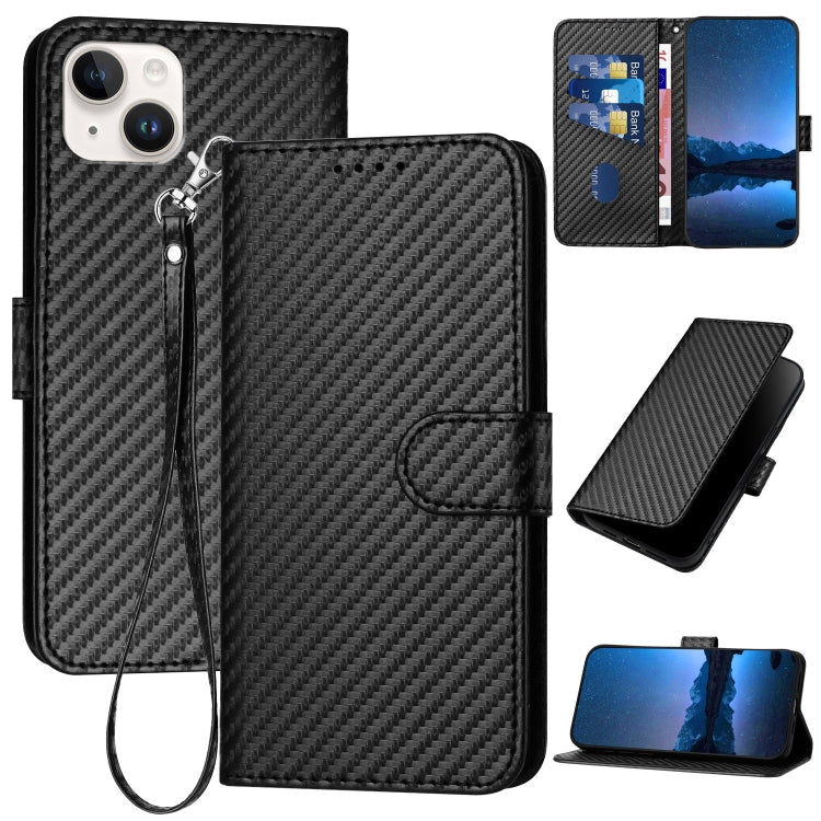 YX0070 Carbon Fiber Buckle Leather Phone Case with Lanyard, For iPhone 15, For iPhone 14 Plus, For iPhone 14