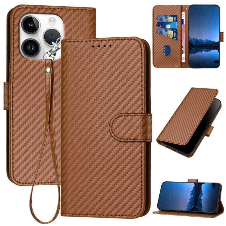 YX0070 Carbon Fiber Buckle Leather Phone Case with Lanyard, For iPhone 16 Pro, For iPhone 16 Plus, For iPhone 16