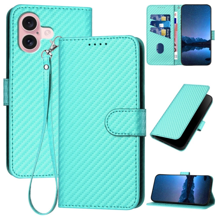 YX0070 Carbon Fiber Buckle Leather Phone Case with Lanyard, For iPhone 16 Pro, For iPhone 16 Plus, For iPhone 16