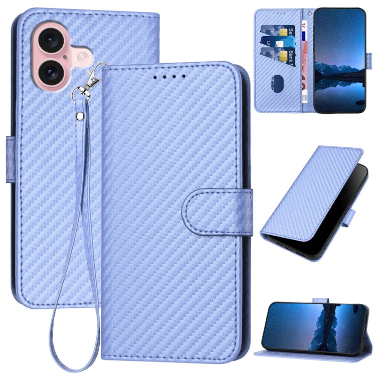 YX0070 Carbon Fiber Buckle Leather Phone Case with Lanyard, For iPhone 16 Pro, For iPhone 16 Plus, For iPhone 16