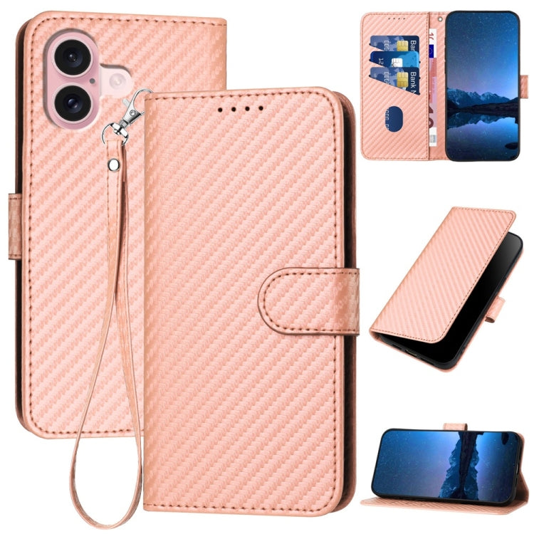 YX0070 Carbon Fiber Buckle Leather Phone Case with Lanyard, For iPhone 16 Pro, For iPhone 16 Plus, For iPhone 16