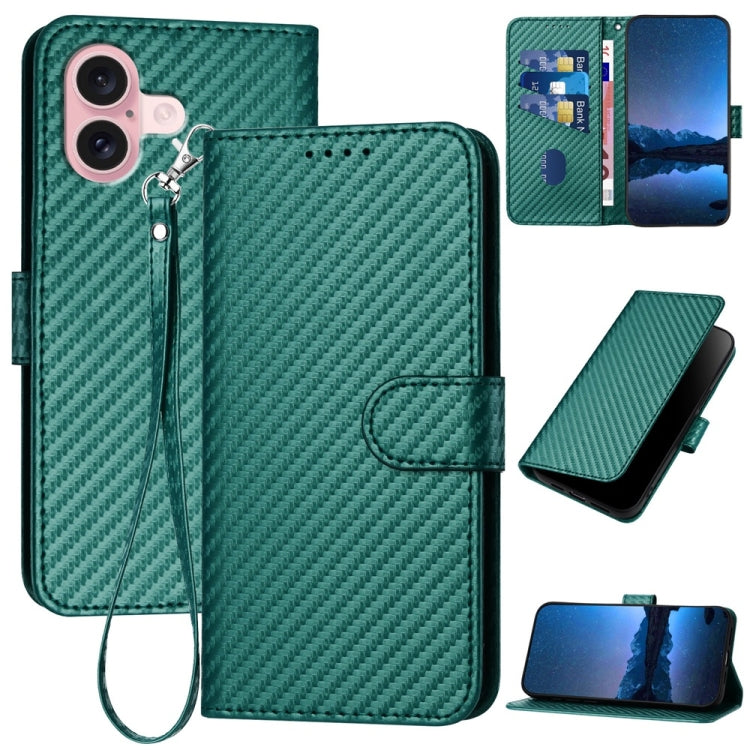 YX0070 Carbon Fiber Buckle Leather Phone Case with Lanyard, For iPhone 16 Pro, For iPhone 16 Plus, For iPhone 16