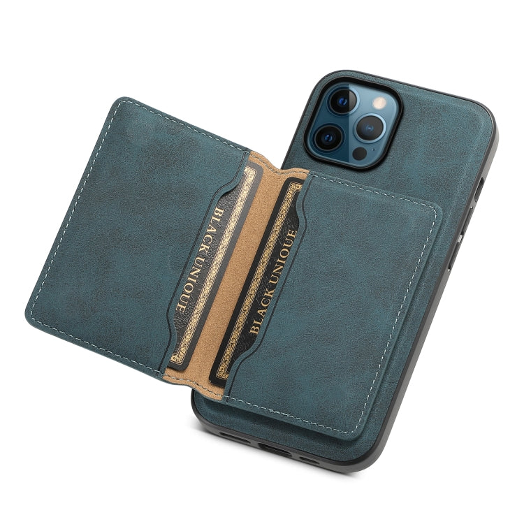 For iPhone 12 Pro Max Denior D13 Retro Texture Leather MagSafe Card Bag Phone Case(Blue)