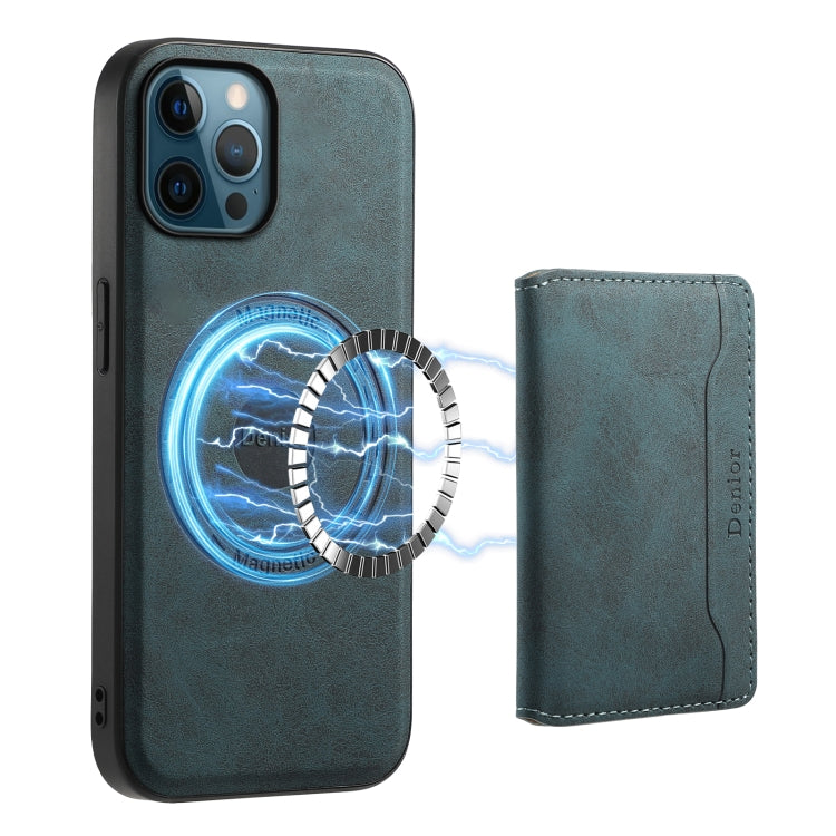 For iPhone 12 Pro Max Denior D13 Retro Texture Leather MagSafe Card Bag Phone Case(Blue)