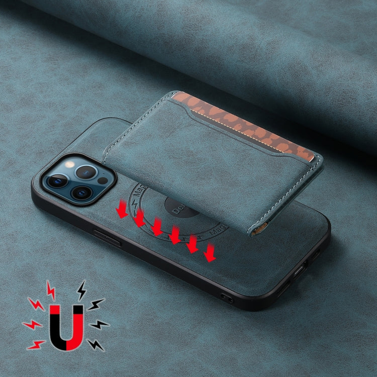 For iPhone 12 Pro Max Denior D13 Retro Texture Leather MagSafe Card Bag Phone Case(Blue)