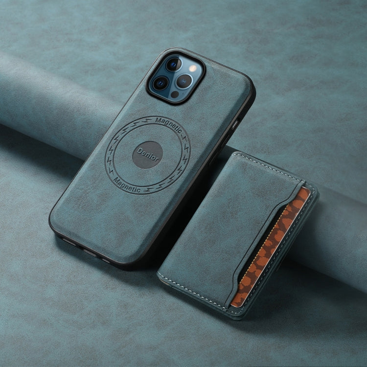 For iPhone 12 Pro Denior D13 Retro Texture Leather MagSafe Card Bag Phone Case(Blue)