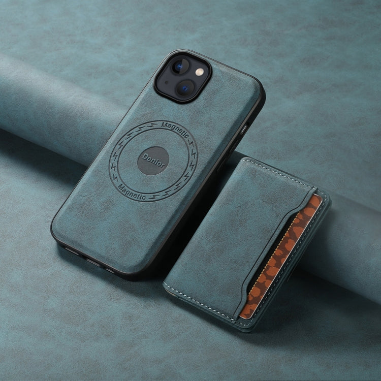 For iPhone 13 / 14 Denior D13 Retro Texture Leather MagSafe Card Bag Phone Case(Blue)