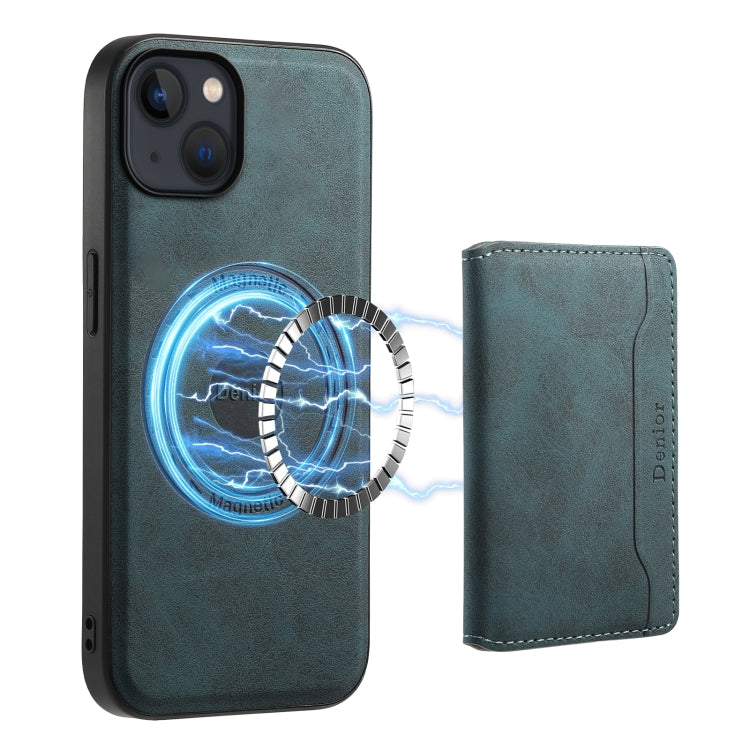 For iPhone 13 / 14 Denior D13 Retro Texture Leather MagSafe Card Bag Phone Case(Blue)
