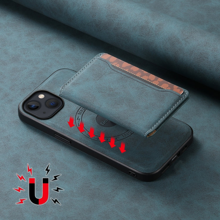 For iPhone 13 / 14 Denior D13 Retro Texture Leather MagSafe Card Bag Phone Case(Blue)