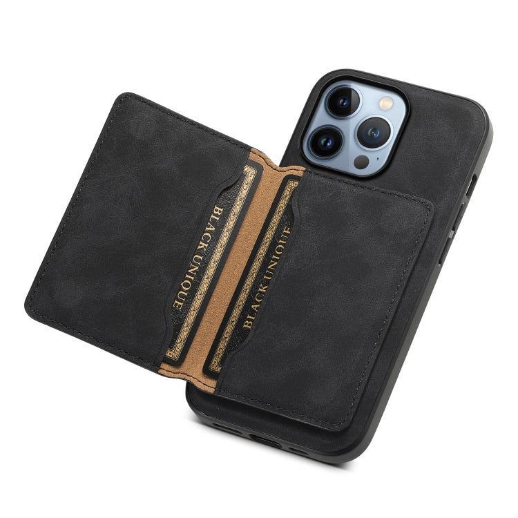 For iPhone 13 Pro Denior D13 Retro Texture Leather MagSafe Card Bag Phone Case(Black)