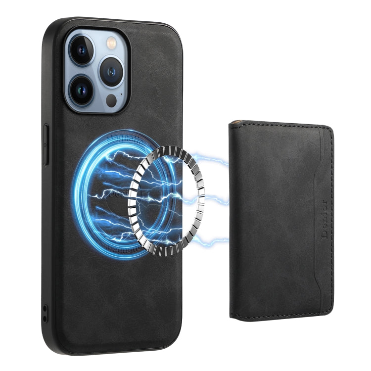 For iPhone 13 Pro Denior D13 Retro Texture Leather MagSafe Card Bag Phone Case(Black)
