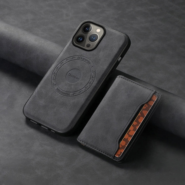 For iPhone 13 Pro Max Denior D13 Retro Texture Leather MagSafe Card Bag Phone Case(Black)