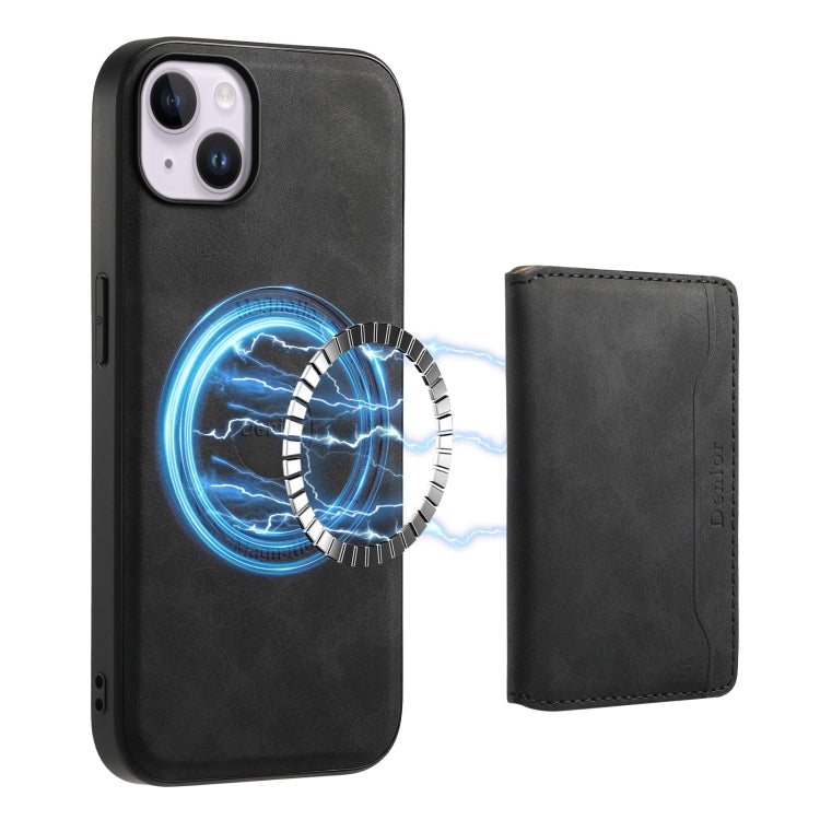 For iPhone 14 Plus Denior D13 Retro Texture Leather MagSafe Card Bag Phone Case(Black)