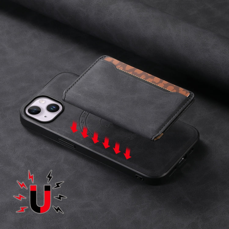 For iPhone 14 Plus Denior D13 Retro Texture Leather MagSafe Card Bag Phone Case(Black)
