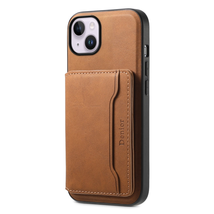 For iPhone 14 Plus Denior D13 Retro Texture Leather MagSafe Card Bag Phone Case(Brown)