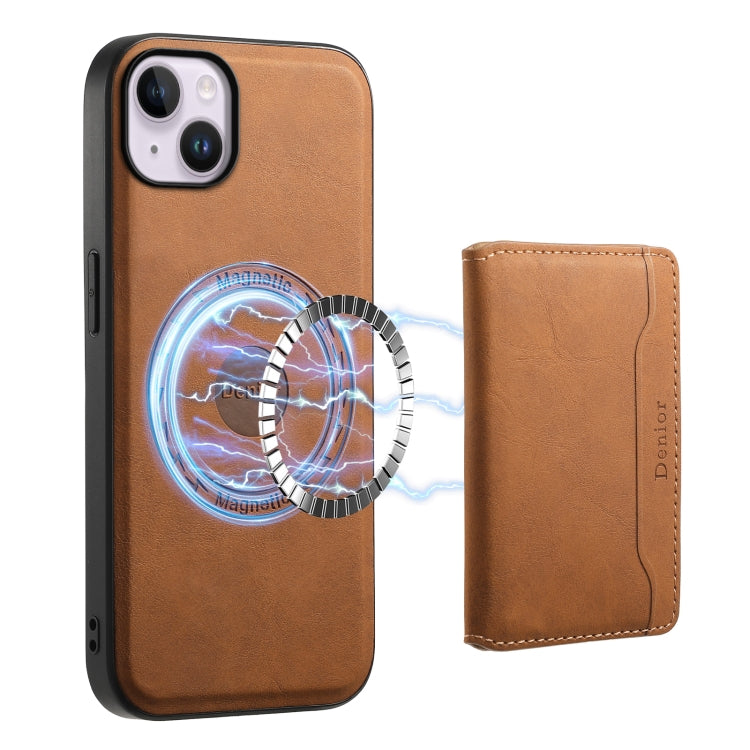 For iPhone 14 Plus Denior D13 Retro Texture Leather MagSafe Card Bag Phone Case(Brown)