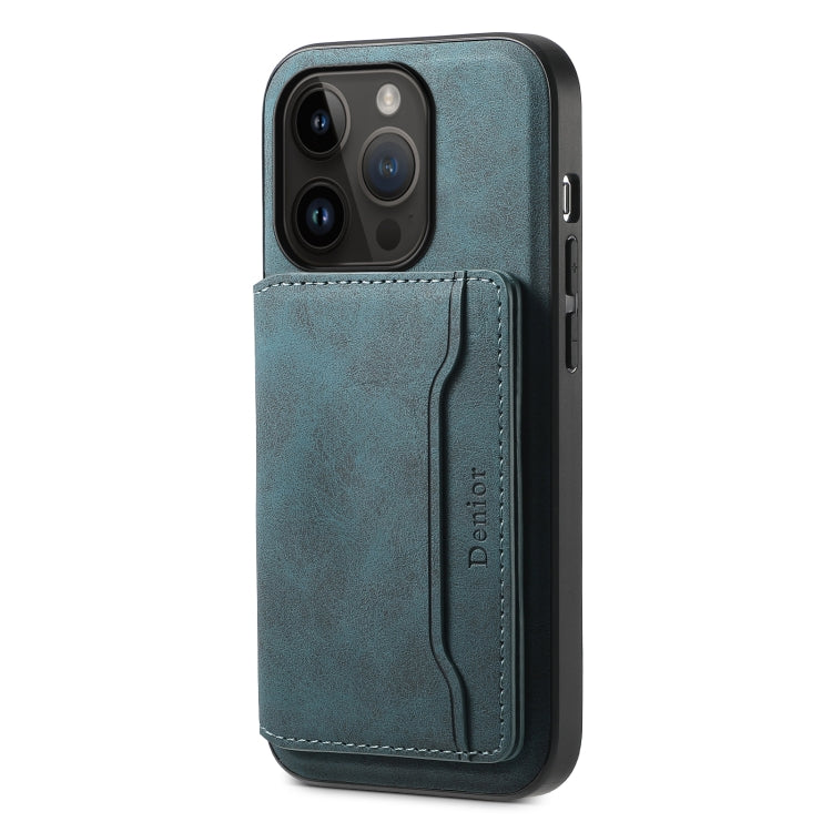 For iPhone 14 Pro Denior D13 Retro Texture Leather MagSafe Card Bag Phone Case(Blue)