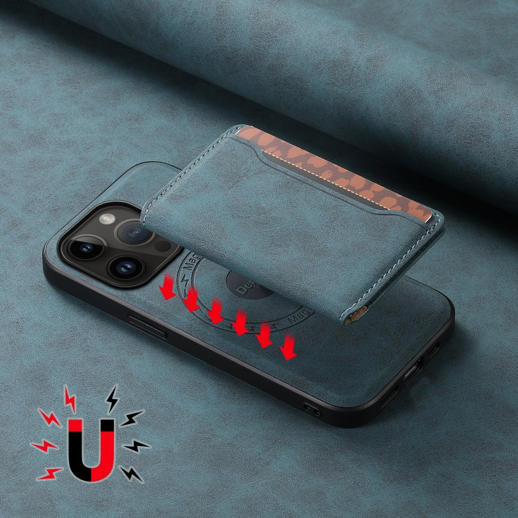 For iPhone 14 Pro Denior D13 Retro Texture Leather MagSafe Card Bag Phone Case(Blue)
