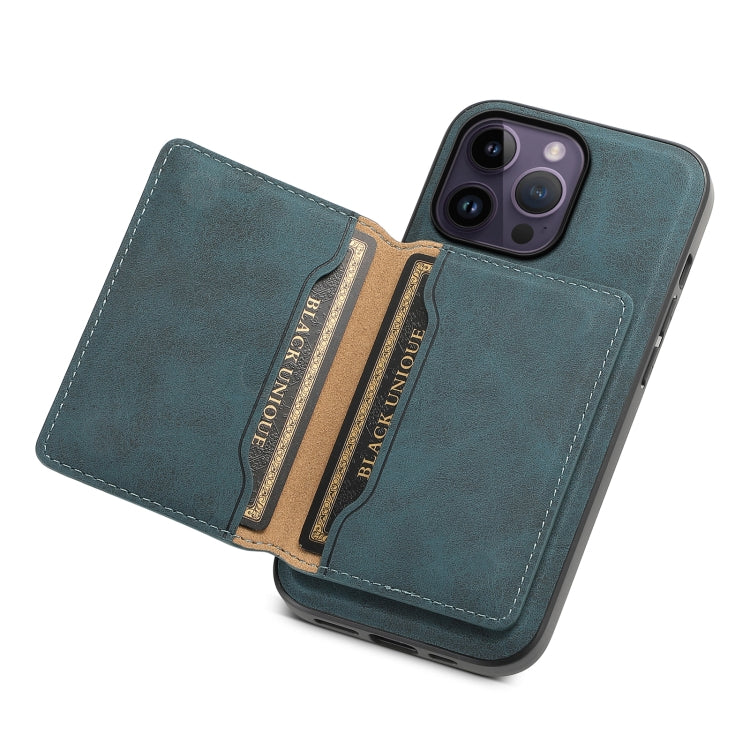 For iPhone 14 Pro Max Denior D13 Retro Texture Leather MagSafe Card Bag Phone Case(Blue)