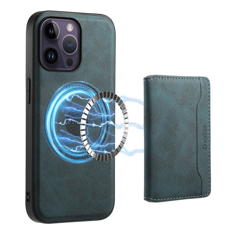 For iPhone 14 Pro Max Denior D13 Retro Texture Leather MagSafe Card Bag Phone Case(Blue)
