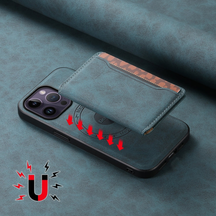 For iPhone 14 Pro Max Denior D13 Retro Texture Leather MagSafe Card Bag Phone Case(Blue)