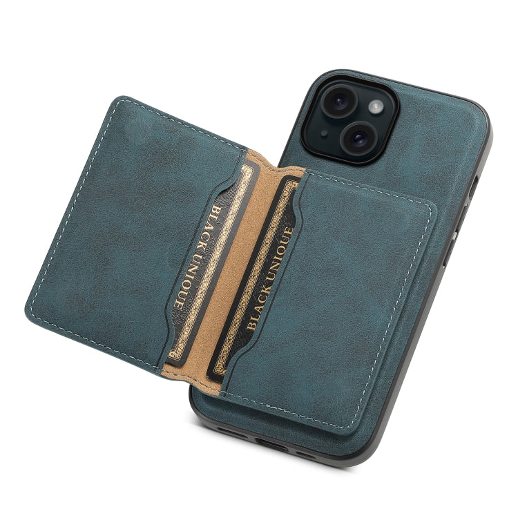 For iPhone 15 Denior D13 Retro Texture Leather MagSafe Card Bag Phone Case(Blue)