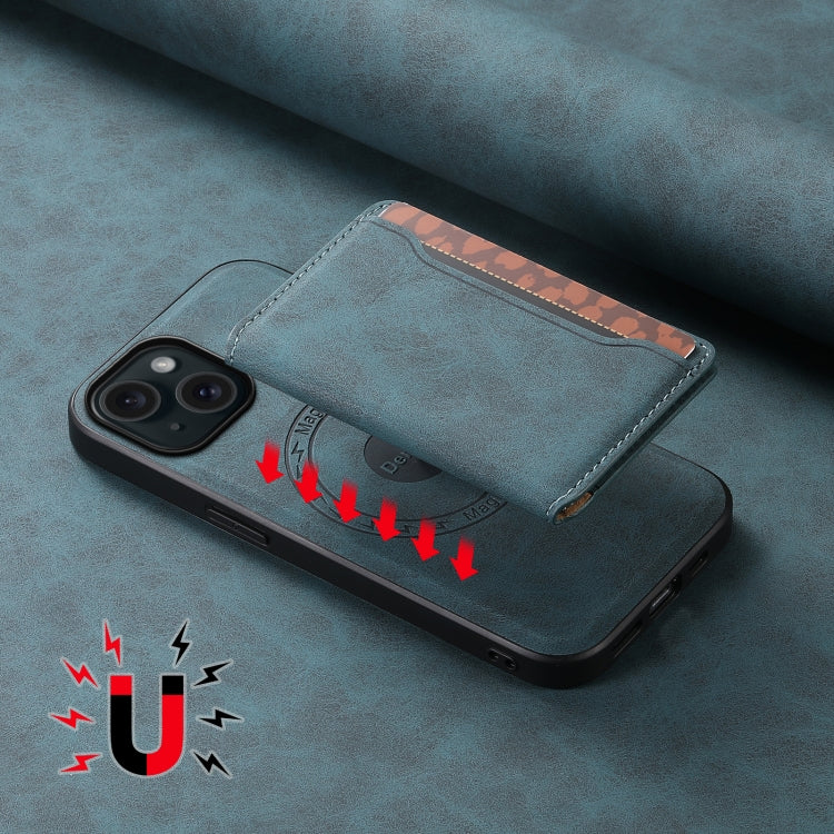 For iPhone 15 Denior D13 Retro Texture Leather MagSafe Card Bag Phone Case(Blue)