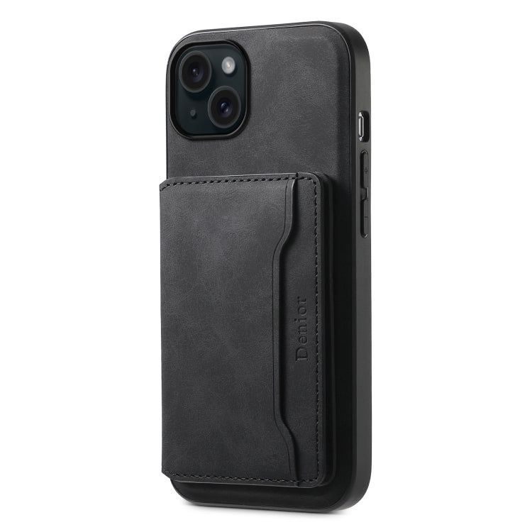 For iPhone 15 Plus Denior D13 Retro Texture Leather MagSafe Card Bag Phone Case(Black)
