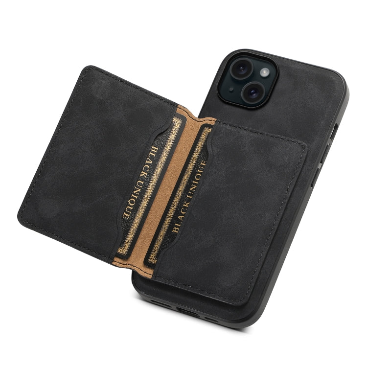 For iPhone 15 Plus Denior D13 Retro Texture Leather MagSafe Card Bag Phone Case(Black)