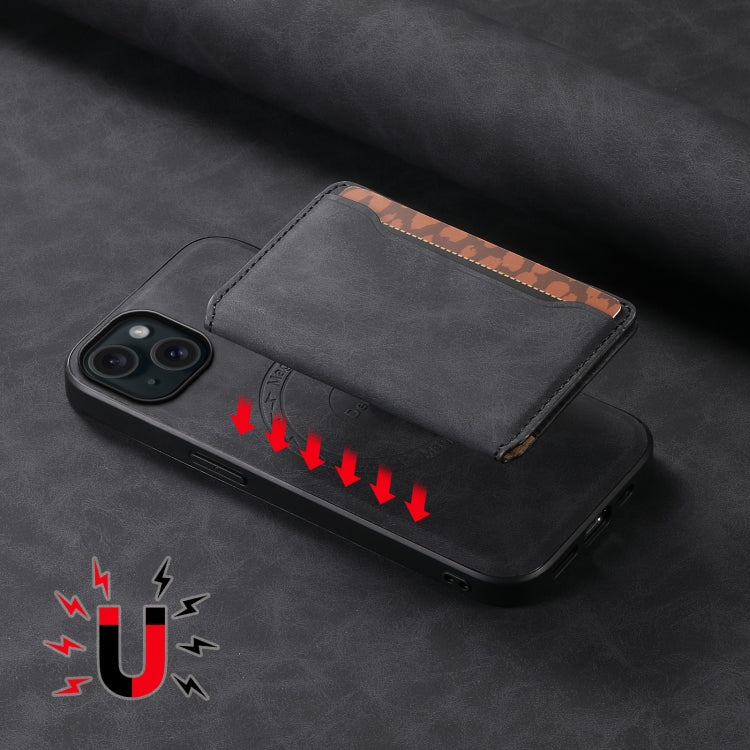 For iPhone 15 Plus Denior D13 Retro Texture Leather MagSafe Card Bag Phone Case(Black)