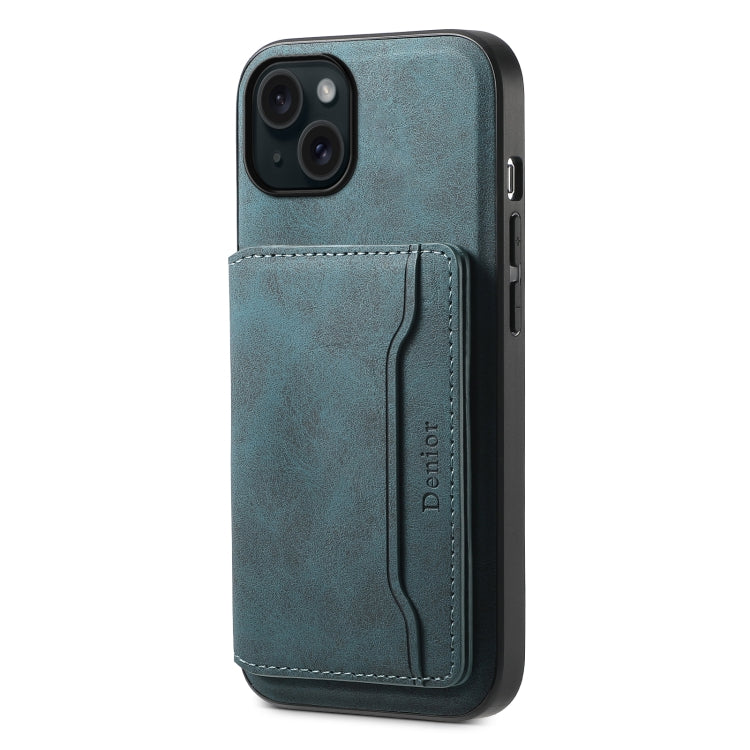 For iPhone 15 Plus Denior D13 Retro Texture Leather MagSafe Card Bag Phone Case(Blue)