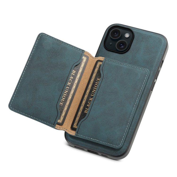For iPhone 15 Plus Denior D13 Retro Texture Leather MagSafe Card Bag Phone Case(Blue)