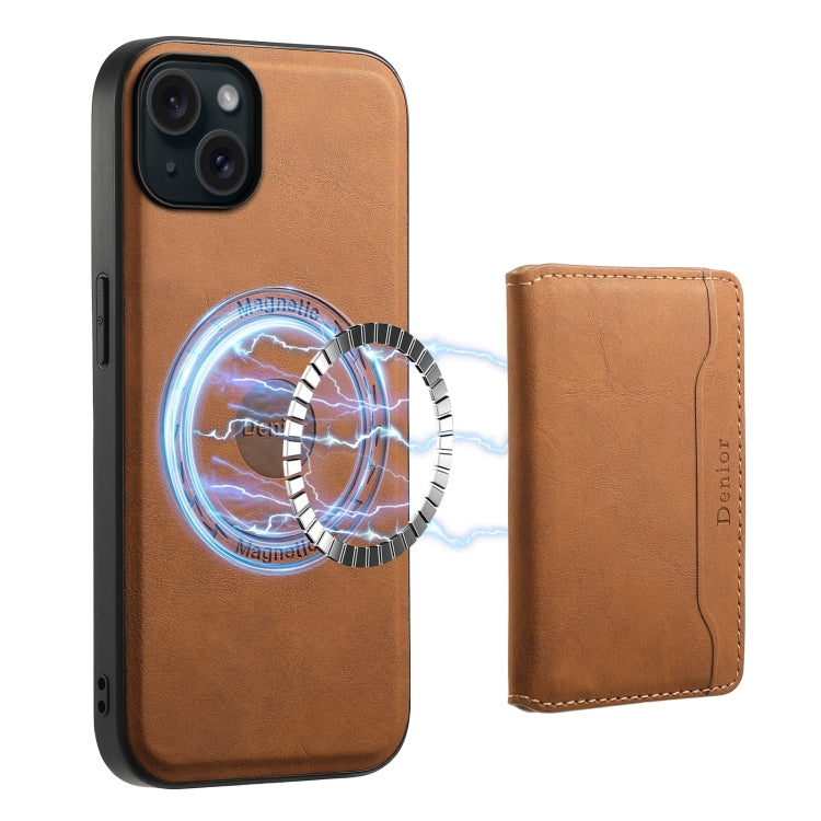 For iPhone 15 Plus Denior D13 Retro Texture Leather MagSafe Card Bag Phone Case(Brown)