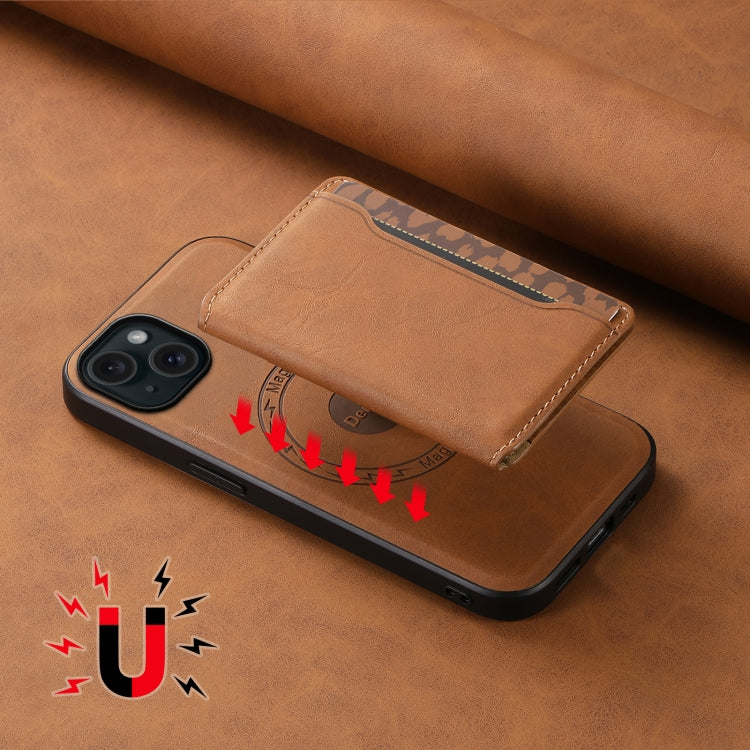 For iPhone 15 Plus Denior D13 Retro Texture Leather MagSafe Card Bag Phone Case(Brown)