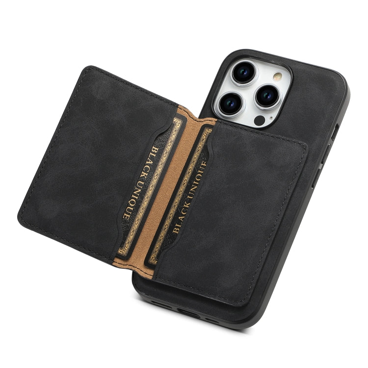 For iPhone 15 Pro Denior D13 Retro Texture Leather MagSafe Card Bag Phone Case(Black)