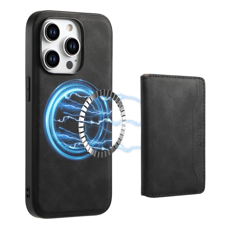 For iPhone 15 Pro Denior D13 Retro Texture Leather MagSafe Card Bag Phone Case(Black)