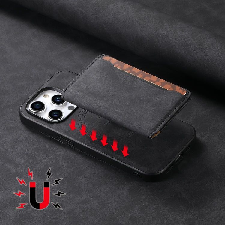 For iPhone 15 Pro Denior D13 Retro Texture Leather MagSafe Card Bag Phone Case(Black)