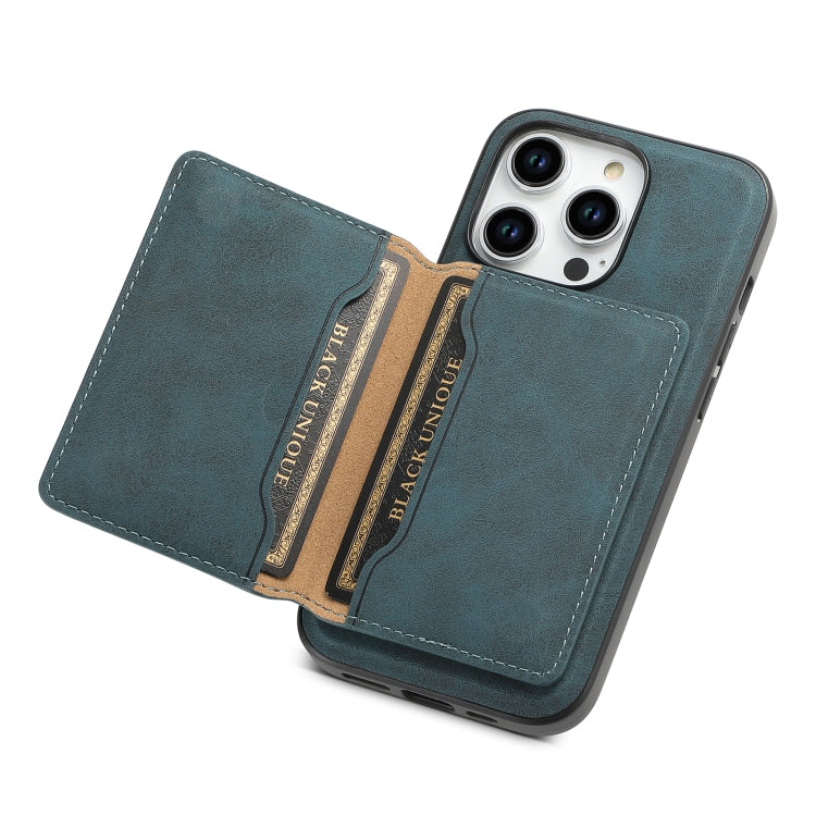 For iPhone 15 Pro Denior D13 Retro Texture Leather MagSafe Card Bag Phone Case(Blue)
