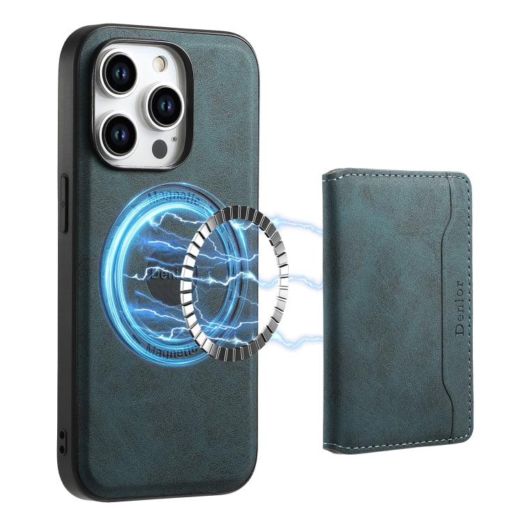 For iPhone 15 Pro Denior D13 Retro Texture Leather MagSafe Card Bag Phone Case(Blue)