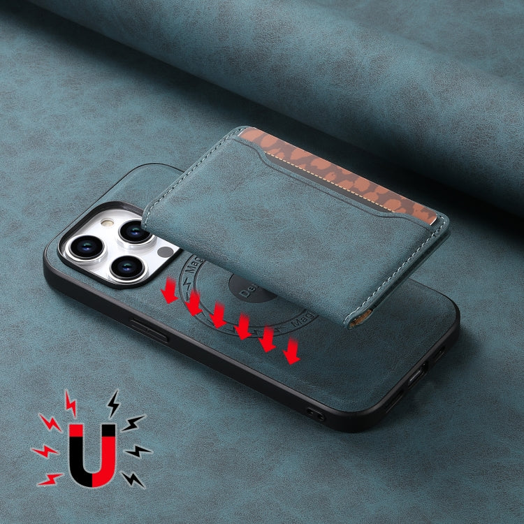 For iPhone 15 Pro Denior D13 Retro Texture Leather MagSafe Card Bag Phone Case(Blue)