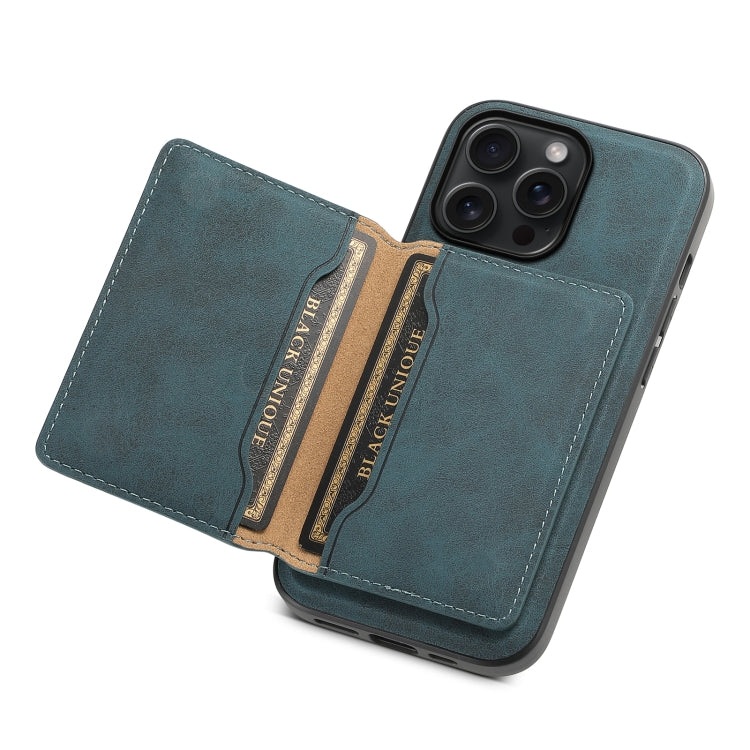For iPhone 15 Pro Max Denior D13 Retro Texture Leather MagSafe Card Bag Phone Case(Blue)