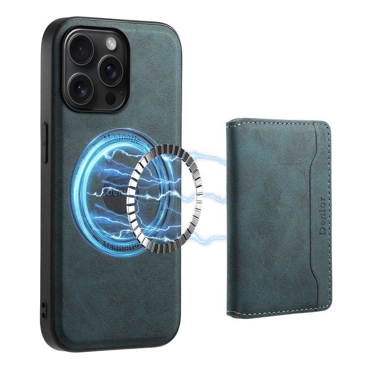 For iPhone 15 Pro Max Denior D13 Retro Texture Leather MagSafe Card Bag Phone Case(Blue)