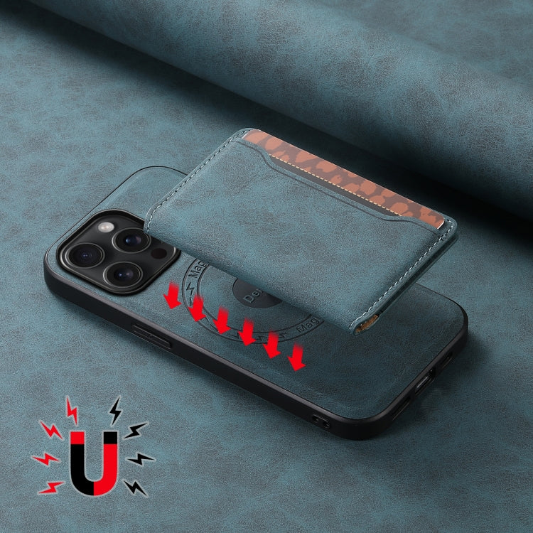 For iPhone 15 Pro Max Denior D13 Retro Texture Leather MagSafe Card Bag Phone Case(Blue)