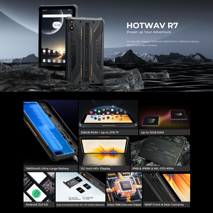 [HK Warehouse] HOTWAV Tab R7 Rugged Tablet, 6GB+256GB, 10.1 inch Android 13 Unisoc Tiger T606 Octa Core 4G Network, Global Version with Google Play(Black Orange)